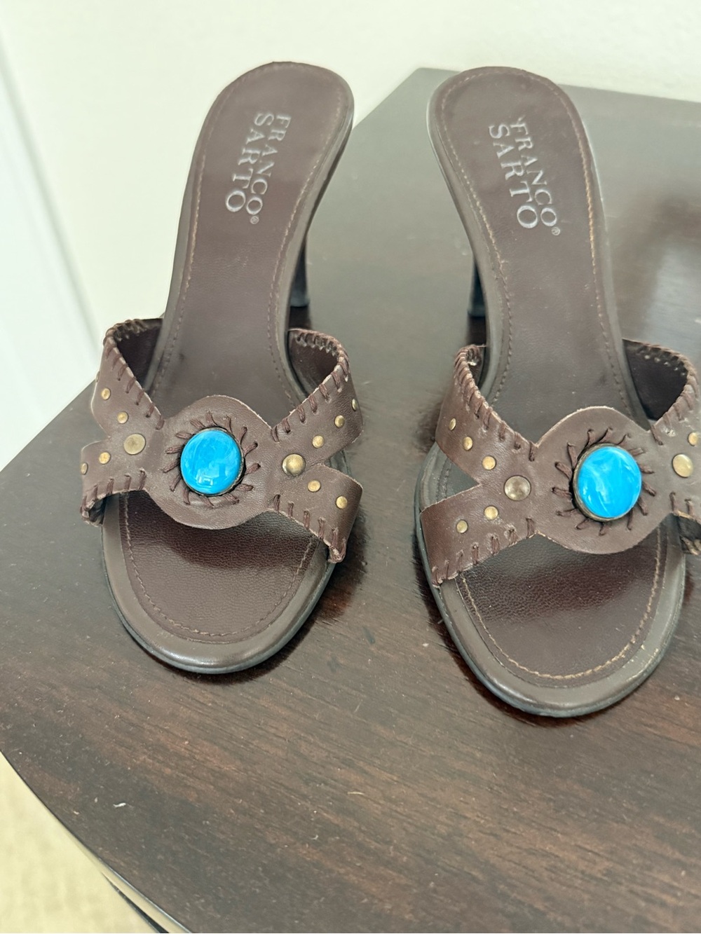 Franco Sarto Brown Leather Slide Mules with Turquoise Blue Accent